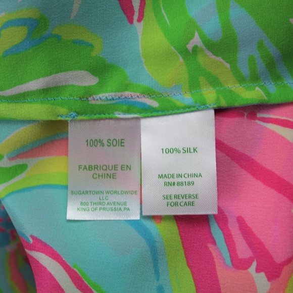 Lilly Pulitzer Silk Stacey Popover So A Peeling Monkey Elephant Pink Green Top S - Picture 7 of 7
